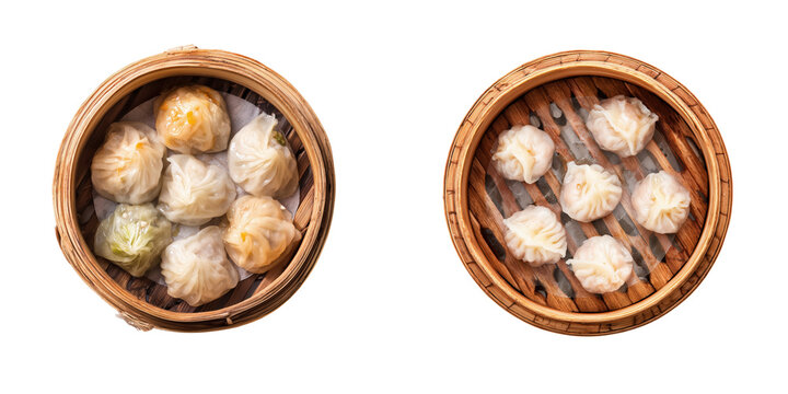 Top View of Variety of Delicious Dim Sum Dumplings in Bamboo Steamers Isolated on Transparent Background