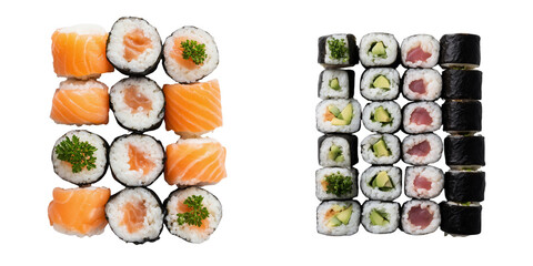 Top View of Colorful Assortment of Sushi Rolls Isolated on Transparent Background