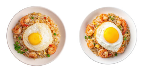 Top View of Delicious Shrimp Fried Rice with Sunny Side Up Eggs on Plates Isolated on Transparent Background