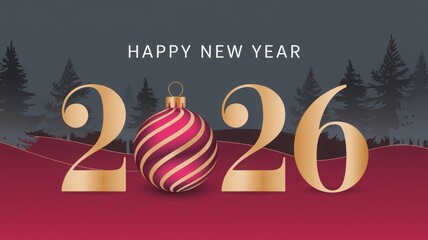 Elegant Happy New Year 2026 design with festive ornament and winter tr