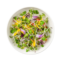 Top View of Colorful Fresh Salad with Microgreens and Edible Flowers Isolated on Transparent Background