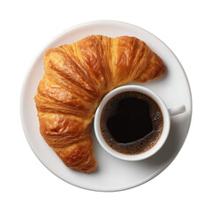 Top View of Fresh Croissant with Coffee on White Plate Isolated on Transparent Background