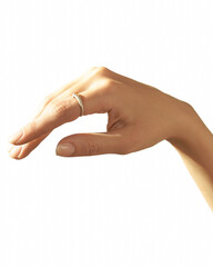 Elegant Female Hand with Nude Manicure and Rings on White Background