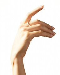 Elegant Female Hand with Nude Manicure and Rings on White Background