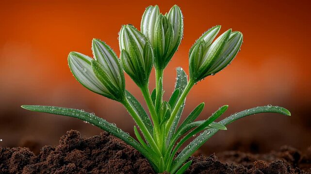 Green plant with budding flowers emerging from rich soil, showcasing vibrant leaves and droplets of water, illustrating the growth process in a natural environment with vivid background colors
