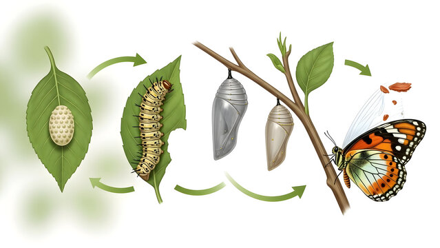 Scientific illustration of the intricate butterfly life cycle, demonstrating the remarkable transformation from egg and caterpillar to chrysalis and finally an adult winged insect