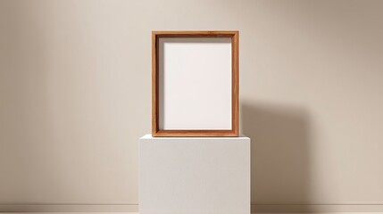 Empty wooden picture frame standing vertically on a minimalist white pedestal in a contemporary setting