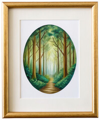 Serene watercolor painting of a lush, verdant forest pathway with tall, slender trees reaching towards a softly illuminated, misty horizon, presented within a, isolated on transparent background.