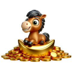 A smiling horse sitting on a huge gold ingot, symbolizing wealth and luck