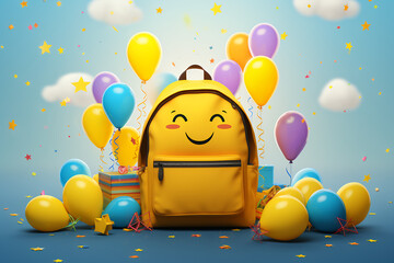cartoon backpack with balloons on sky background