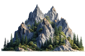 Rugged mountain peaks and dense coniferous forest creating a majestic natural landscape scene on transparent isolated on transparent background
