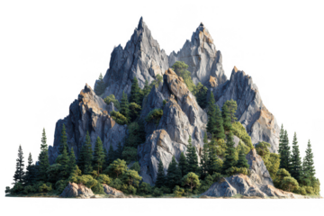 Rugged mountain peaks and dense coniferous forest creating a majestic natural landscape scene on transparent isolated on transparent background