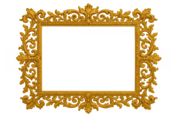 Golden ornate baroque frame showing intricate rococo carvings, ideal for luxury design elements. Transparent background