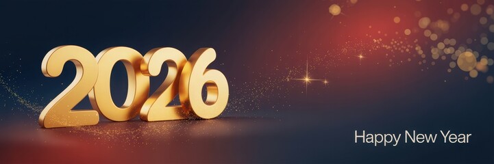 Happy New Year 2026 banner with golden numbers and festive sparkling b