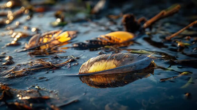 Leaves and debris float on a body of water during the late afternoon sunlight in a natural setting