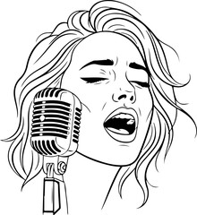 Female Singer Playing Guitar with Microphone Silhouette Vector Art