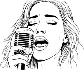 Female Singer Playing Guitar with Microphone Silhouette Vector Art