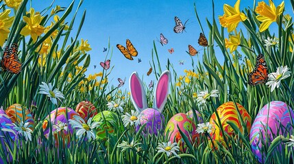 Vibrant easter celebration with colorful eggs, dancing butterflies, and blooming spring flowers