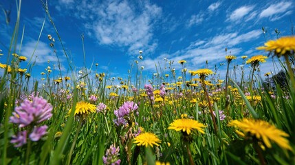 A vibrant meadow blossoms under a clear blue sky, showcasing yellow dandelions and purple clover