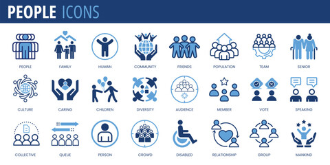 People Icon Set featuring solid vector icons of group, family, human, team, community, friends, population, and senior symbols