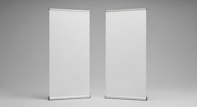 Two blank white rollup banners standing side by side, ready for custom branding and advertising, on a neutral grey background