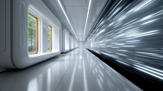 Futuristic subway station interior showcasing sleek design with illuminated walls and windows, capturing the dynamic motion of light streaks as a train approaches, emphasizing modern urban transit aes