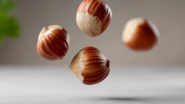 Floating hazelnuts in mid-air showcasing dynamic motion and visual appeal with detailed textures and colors captured in a series of frames emphasizing the continuous action of levitating nuts