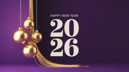 Happy New Year 2026 celebration with golden ornaments on a vibrant pur