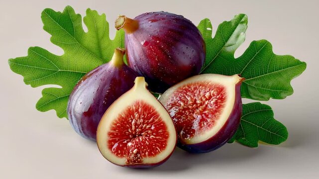 Fresh figs displayed on green leaves showcasing vibrant colors and textures, highlighting juicy flesh and smooth skin in a visually appealing arrangement for culinary or decorative use