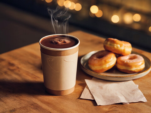 A paper cup filled with steaming coffee sits on a wooden table next to a plate of glazed donuts.