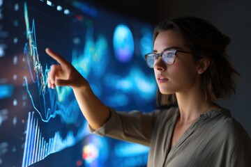 Confident businesswoman analyzes financial data on a digital display in a modern office setting