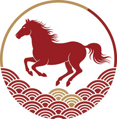 Red horse silhouette inside circle with wave pattern border for traditional asian new year graphic design