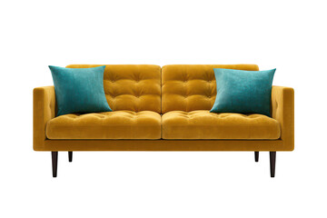 Mid-century modern mustard yellow velvet sofa with tufted cushions and contrasting teal pillows isolated on transparent background
