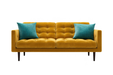 Mid-century modern mustard yellow velvet sofa with tufted cushions and contrasting teal pillows isolated on transparent background