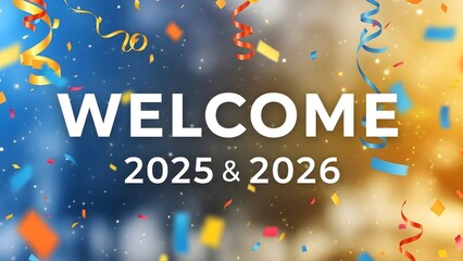 Vibrant welcome message for 2025 and 2026 with colorful confetti
