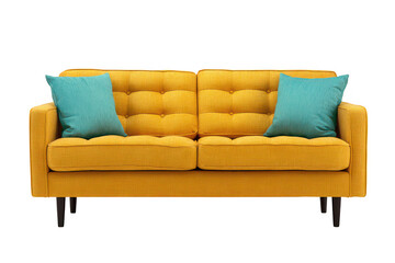 Stylish modern mid-century yellow two-seater sofa with tufted back and vibrant teal throw pillows isolated on transparent background