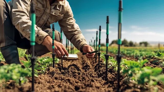 Medium shot of a technician adjusting multiple soil moisture sensors embedded in rich agricultural land under bright daylight.