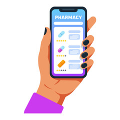 Vector illustration of a hand holding smartphone with online pharmacy app interface, showing medicines, ratings and search bar, concept of digital healthcare, mobile medicine delivery and e pharmacy s