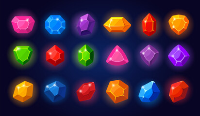 Set of glowing colorful cartoon gemstones with different shapes and cuts on dark background, bright fantasy crystals ideal for game assets, mobile UI, rewards, icons and magical interfaces