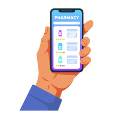 Cartoon vector illustration of a hand holding smartphone with online pharmacy app interface, showing medicine bottles, ratings and search bar, concept of digital healthcare, mobile pharmacy and medici