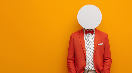 Surreal portrait of anonymous man in red suit with blank face on orange background with copy space