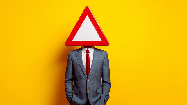 Surreal concept of a man in suit with warning triangle sign as head on yellow background with copy space