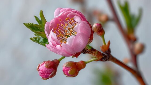 A pink flower with green leaves is on a branch. The flower is the main focus of the image, and it is surrounded by green leaves