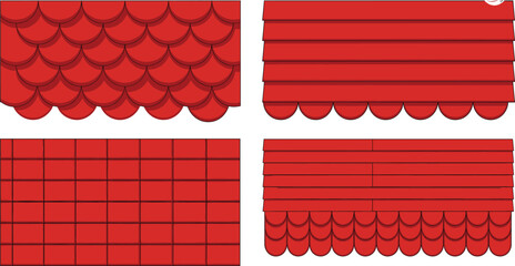Flat vector illustration set of red clay roof tile patterns featuring various shingle shapes for architectural house construction and building exterior designs. © MstBobita