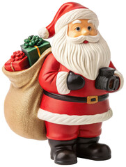 A cheerful, plump ceramic Santa Claus figurine with a bright red suit and fluffy white beard, is depicted carrying a large burlap sack overflowing with colorful,, isolated on transparent background.