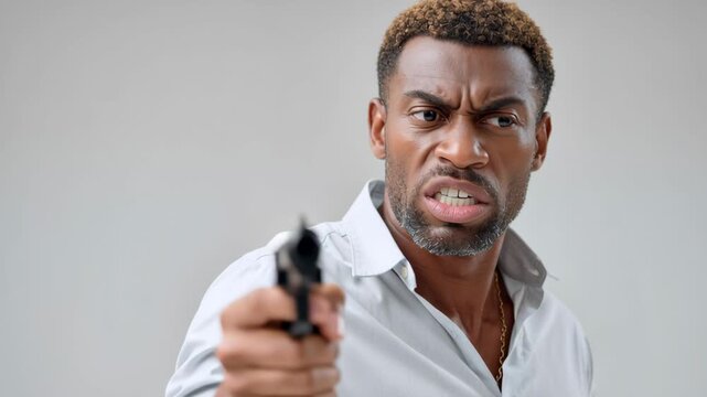 Intense confrontation scene with an african american man holding a gun, showcasing escalating emotions and tension, camera follows action with dynamic close-ups and expressions