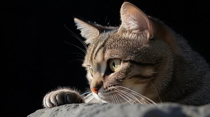 A Side View Close-Up of a Curious American Shorthair Cat Peeking Over a Rock with Bright Yellow Eyes Against a Solid Black Background Representing Animal Curiosity