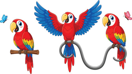 Cute vector illustration set of red macaw parrots in various poses including flying and perching on branches for tropical bird nature designs. © MstBobita