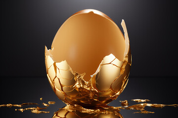 Golden egg cracked open black background