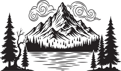 Fototapeta premium Vintage mountain landscape illustration with pine trees and a serene lake scene